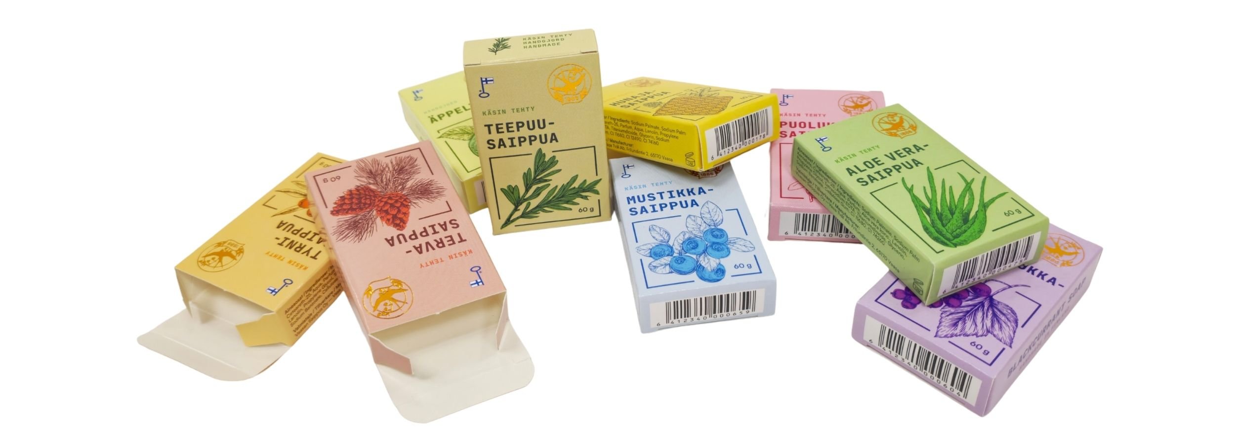 Sivuliimatut kartonkiset saippuarasiat foilauksella.