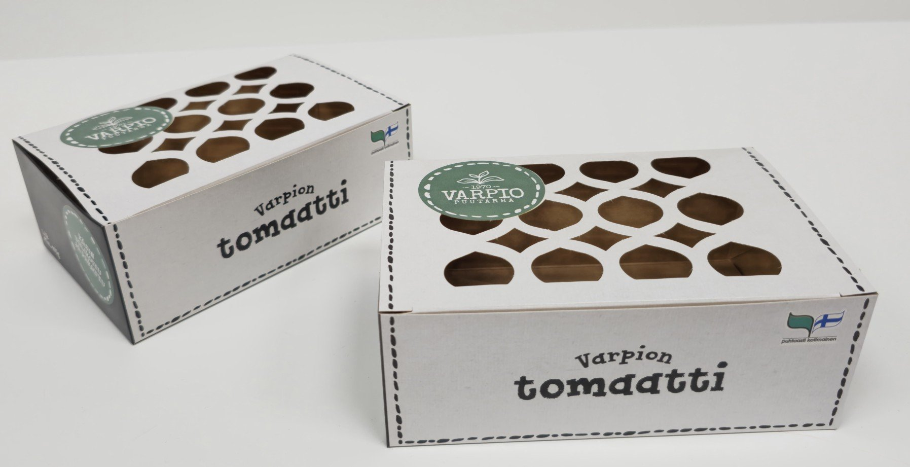 Erottuva ja yksilöllinen kartonkirasia, jossa automaattipohja, offsetpainatus ja yksilöllinen tuotetta esiintuova ikkuna-aukotus.